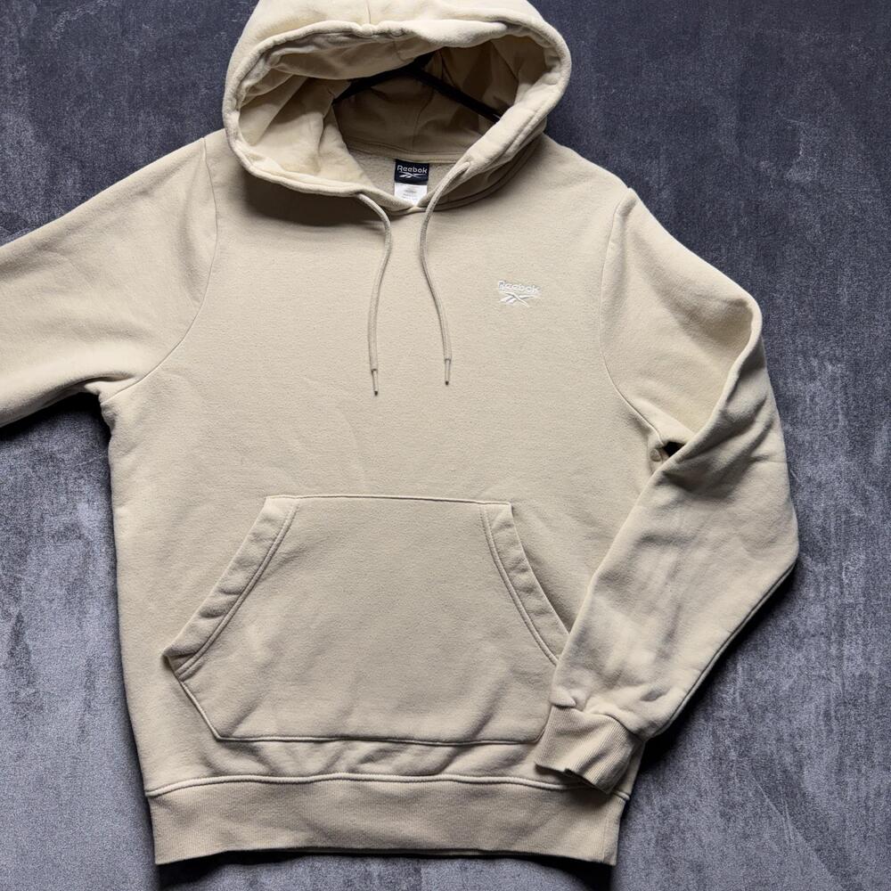 Reebok Hoodie Mens Small Beige Pullover Fleece Logo Sweatshirt Kangaroo Pocket